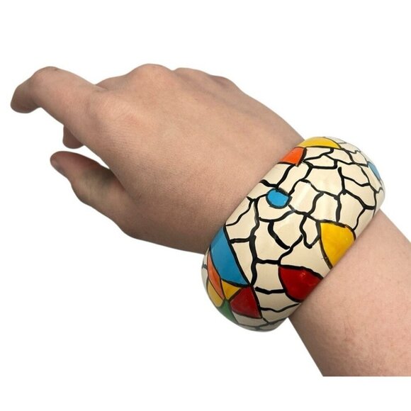 Vtg Retro Artisan Hand Painted Wood Geometric Crackle Bangle Bracelet 80s 90s - Picture 1 of 12